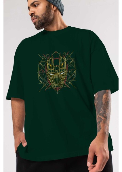 Iron Man 1 Ön Baskılı Zümrüt Yeşili Oversize T-Shirt Bisiklet Yaka Pamuk Erkek Kadın