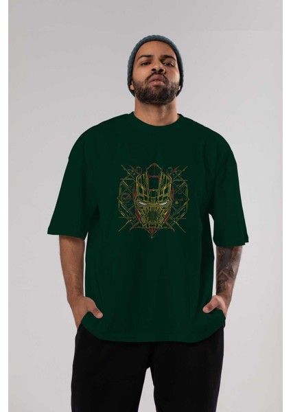 Iron Man 1 Ön Baskılı Zümrüt Yeşili Oversize T-Shirt Bisiklet Yaka Pamuk Erkek Kadın