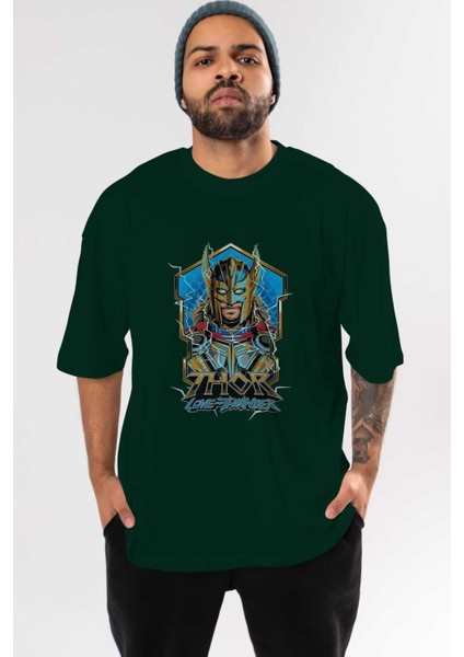 Thor Love Thunder Ön Baskılı Zümrüt Yeşili Oversize T-Shirt Bisiklet Yaka Pamuk Erkek Kadın