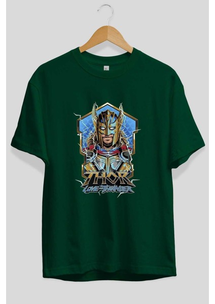Thor Love Thunder Ön Baskılı Zümrüt Yeşili Oversize T-Shirt Bisiklet Yaka Pamuk Erkek Kadın fiyatları