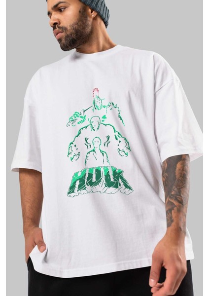 Hulk (11) Ön Baskılı Beyaz Oversize T-Shirt Bisiklet Yaka Erkek Kadın modelleri