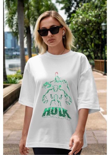 Hulk (11) Ön Baskılı Beyaz Oversize T-Shirt Bisiklet Yaka Erkek Kadın indirimleri