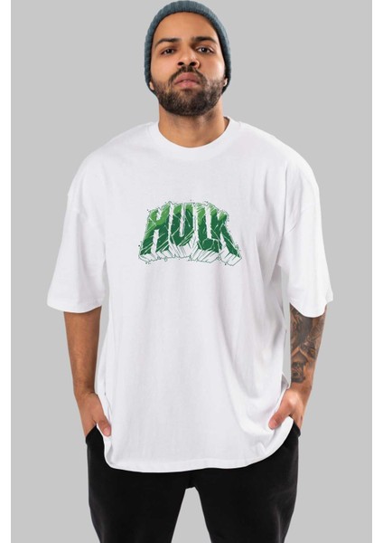 Hulk (14) Ön Baskılı Beyaz Oversize T-Shirt Bisiklet Yaka Erkek Kadın