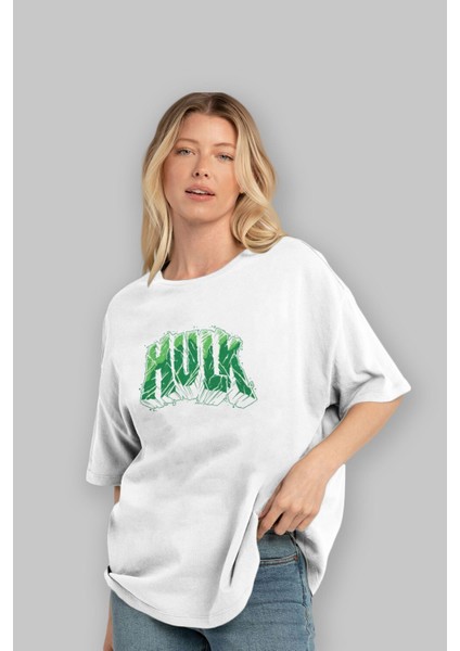 Hulk (14) Ön Baskılı Beyaz Oversize T-Shirt Bisiklet Yaka Erkek Kadın fırsatları
