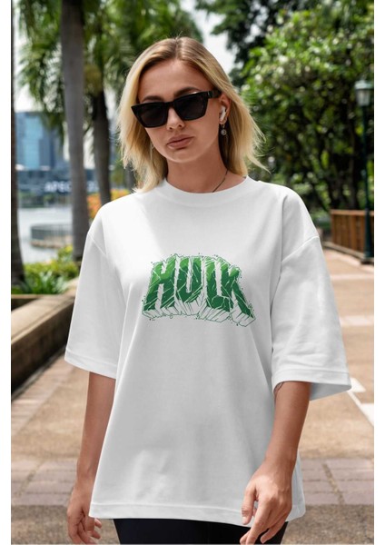 Hulk (14) Ön Baskılı Beyaz Oversize T-Shirt Bisiklet Yaka Erkek Kadın indirimleri