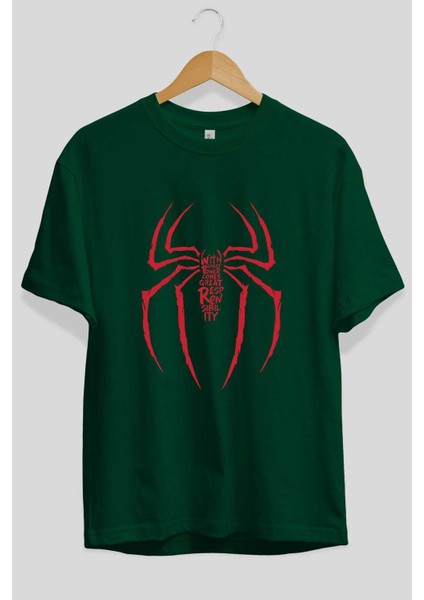 Spiderman (1) Ön Baskılı Zümrüt Yeşili Oversize T-Shirt Bisiklet Yaka Pamuk Erkek Kadın