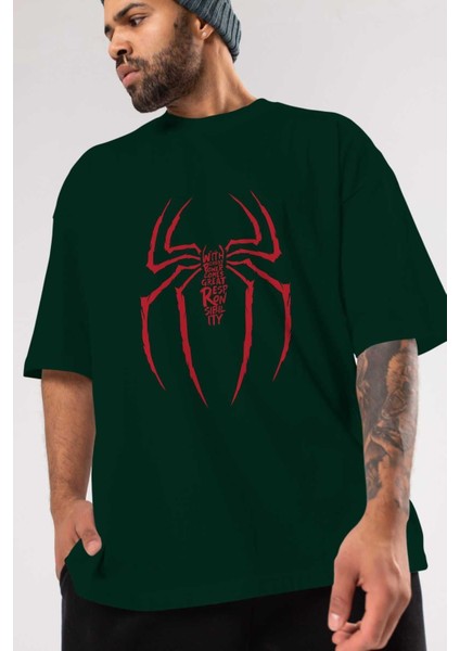 Spiderman (1) Ön Baskılı Zümrüt Yeşili Oversize T-Shirt Bisiklet Yaka Pamuk Erkek Kadın