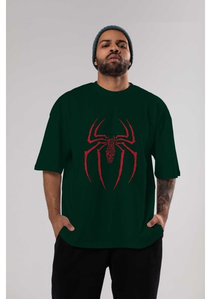 Spiderman (1) Ön Baskılı Zümrüt Yeşili Oversize T-Shirt Bisiklet Yaka Pamuk Erkek Kadın