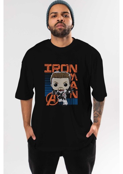 Iron Man (4) Ön Baskılı Siyah Oversize T-Shirt Bisiklet Yaka Erkek Kadın