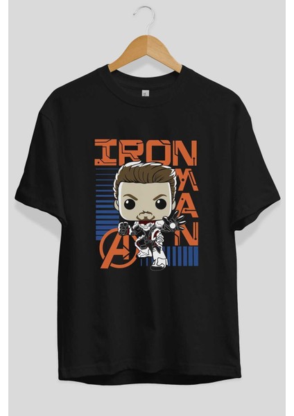 Iron Man (4) Ön Baskılı Siyah Oversize T-Shirt Bisiklet Yaka Erkek Kadın