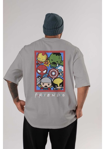 Friends Avenger Arka Baskılı Gri Oversize T-Shirt Bisiklet Yaka Pamuk Erkek Kadın
