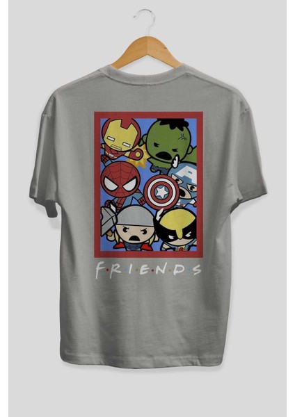 Friends Avenger Arka Baskılı Gri Oversize T-Shirt Bisiklet Yaka Pamuk Erkek Kadın fiyatları
