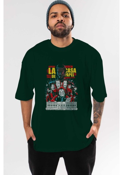 La Casa De Papel (6) Ön Baskılı Zümrüt Yeşili Oversize T-Shirt Bisiklet Yaka Pamuk Erkek Kadın