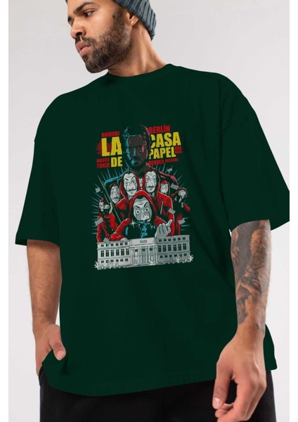 La Casa De Papel (6) Ön Baskılı Zümrüt Yeşili Oversize T-Shirt Bisiklet Yaka Pamuk Erkek Kadın modelleri