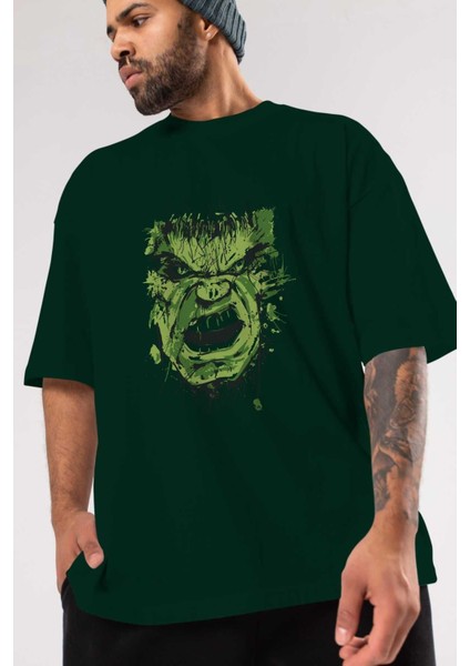 Hulk (4) Ön Baskılı Zümrüt Yeşili Oversize T-Shirt Bisiklet Yaka Pamuk Erkek Kadın modelleri