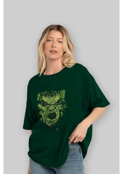 Hulk (4) Ön Baskılı Zümrüt Yeşili Oversize T-Shirt Bisiklet Yaka Pamuk Erkek Kadın fırsatları