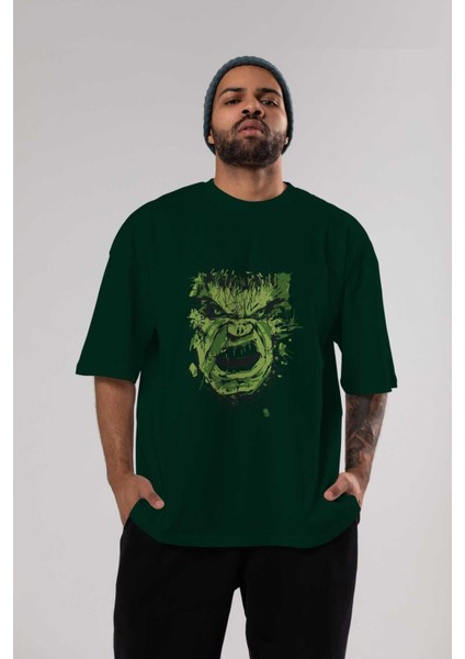 Hulk (4) Ön Baskılı Zümrüt Yeşili Oversize T-Shirt Bisiklet Yaka Pamuk Erkek Kadın indirimleri