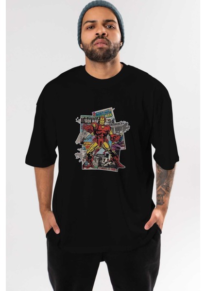Iron Man (6) Ön Baskılı Siyah Oversize T-Shirt Bisiklet Yaka Erkek Kadın