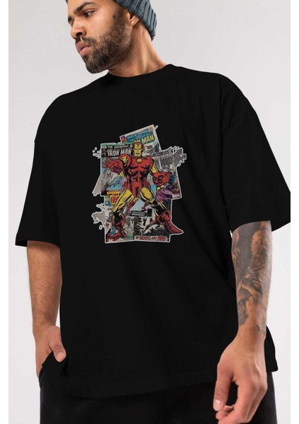 Iron Man (6) Ön Baskılı Siyah Oversize T-Shirt Bisiklet Yaka Erkek Kadın