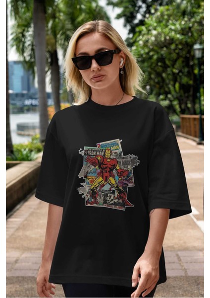 Iron Man (6) Ön Baskılı Siyah Oversize T-Shirt Bisiklet Yaka Erkek Kadın