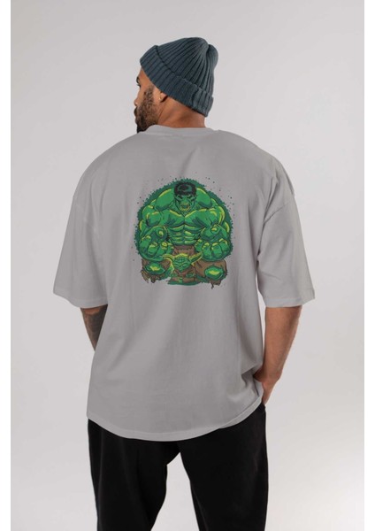 Hulk (7) Arka Baskılı Gri Oversize T-Shirt Bisiklet Yaka Pamuk Erkek Kadın fırsatları