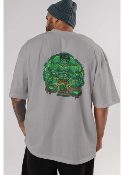 Hulk (7) Arka Baskılı Gri Oversize T-Shirt Bisiklet Yaka Pamuk Erkek Kadın indirimleri