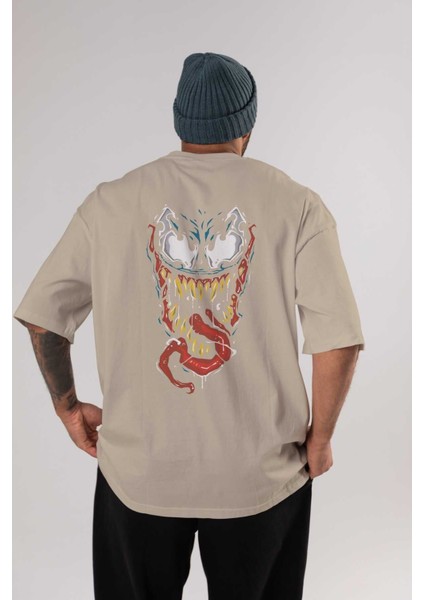 Venom (15) Arka Baskılı Bej Oversize T-Shirt Bisiklet Yaka Pamuk Erkek Kadın