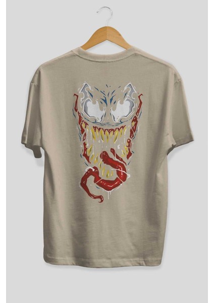 Venom (15) Arka Baskılı Bej Oversize T-Shirt Bisiklet Yaka Pamuk Erkek Kadın fiyatları