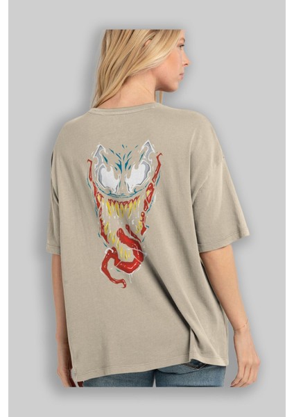 Venom (15) Arka Baskılı Bej Oversize T-Shirt Bisiklet Yaka Pamuk Erkek Kadın modelleri