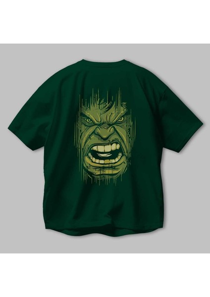 Hulk (3) Arka Baskılı Zümrüt Yeşili Oversize T-Shirt Bisiklet Yaka Erkek Kadın modelleri