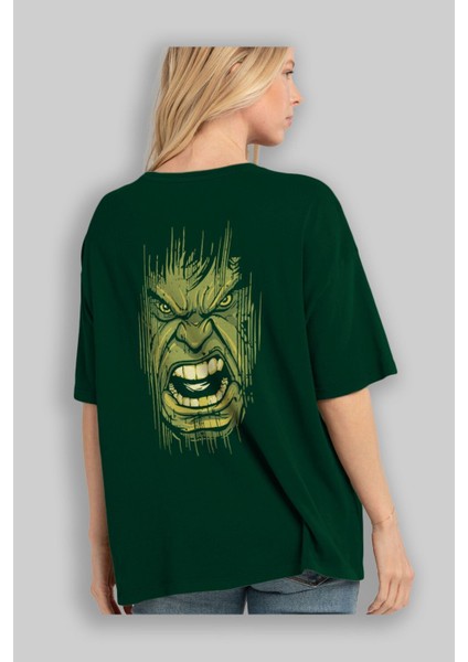 Hulk (3) Arka Baskılı Zümrüt Yeşili Oversize T-Shirt Bisiklet Yaka Erkek Kadın fırsatları