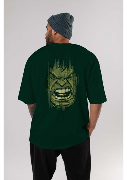 Hulk (3) Arka Baskılı Zümrüt Yeşili Oversize T-Shirt Bisiklet Yaka Erkek Kadın indirimleri