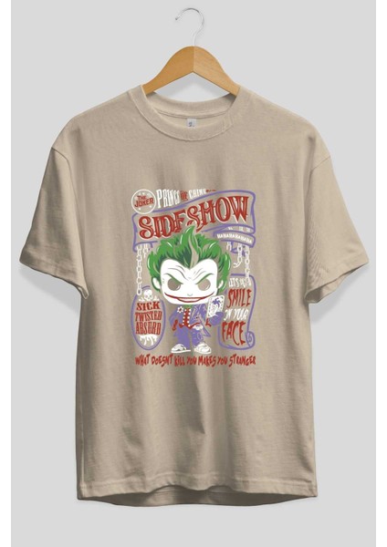 Joker (4) Ön Baskılı Bej Oversize T-Shirt Bisiklet Yaka Pamuk Erkek Kadın fiyatları