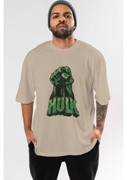 Hulk (1) Ön Baskılı Bej Oversize T-Shirt Bisiklet Yaka Pamuk Erkek Kadın