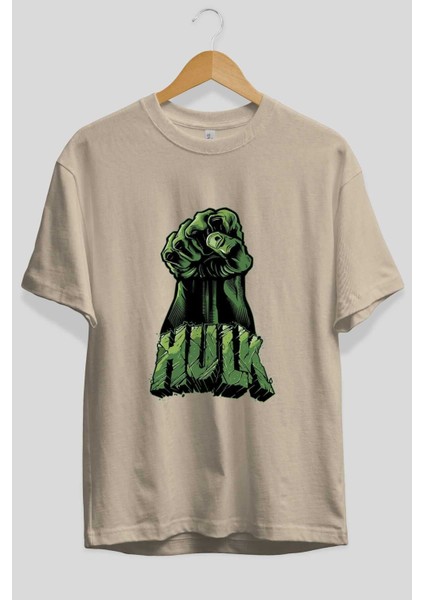 Hulk (1) Ön Baskılı Bej Oversize T-Shirt Bisiklet Yaka Pamuk Erkek Kadın fiyatları