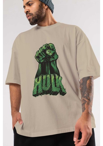 Hulk (1) Ön Baskılı Bej Oversize T-Shirt Bisiklet Yaka Pamuk Erkek Kadın modelleri