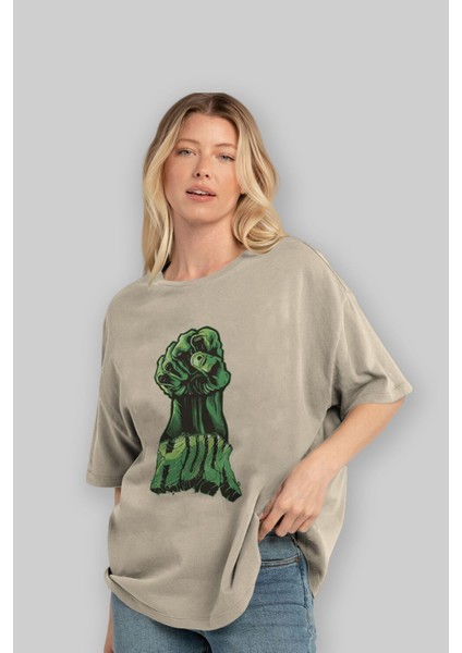 Hulk (1) Ön Baskılı Bej Oversize T-Shirt Bisiklet Yaka Pamuk Erkek Kadın fırsatları