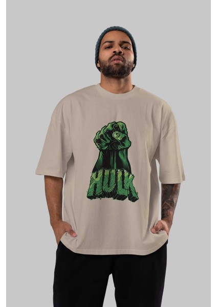 Hulk (1) Ön Baskılı Bej Oversize T-Shirt Bisiklet Yaka Pamuk Erkek Kadın indirimleri