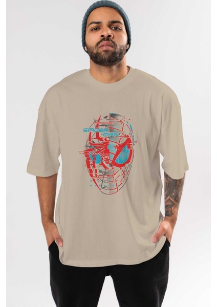 Spiderman (14) Ön Baskılı Bej Oversize T-Shirt Bisiklet Yaka Pamuk Erkek Kadın