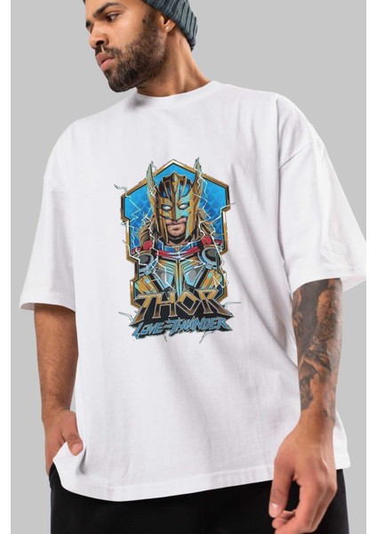 Thor Love And Thunder Ön Baskılı Beyaz Oversize T-Shirt Bisiklet Yaka Erkek Kadın modelleri