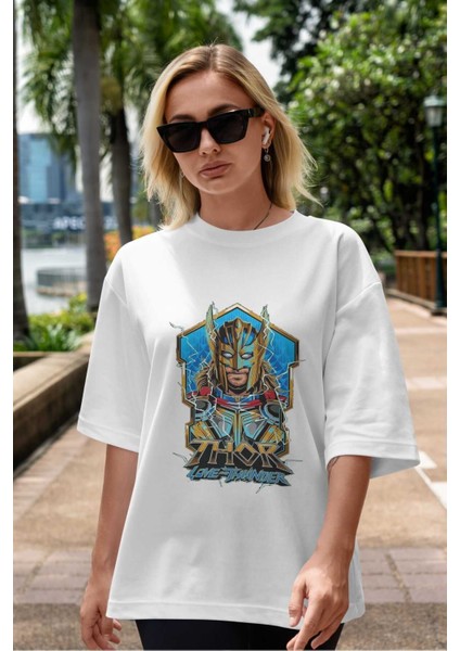 Thor Love And Thunder Ön Baskılı Beyaz Oversize T-Shirt Bisiklet Yaka Erkek Kadın indirimleri