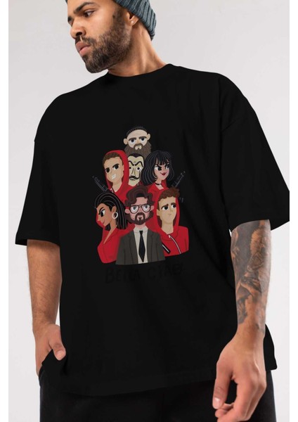 La Casa De Papel (13) Ön Baskılı Siyah Oversize T-Shirt Bisiklet Yaka Erkek Kadın