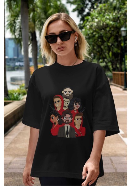 La Casa De Papel (13) Ön Baskılı Siyah Oversize T-Shirt Bisiklet Yaka Erkek Kadın