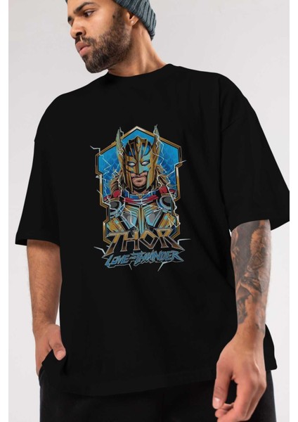 Thor Love And Thunder Ön Baskılı Siyah Oversize T-Shirt Bisiklet Yaka Erkek Kadın modelleri
