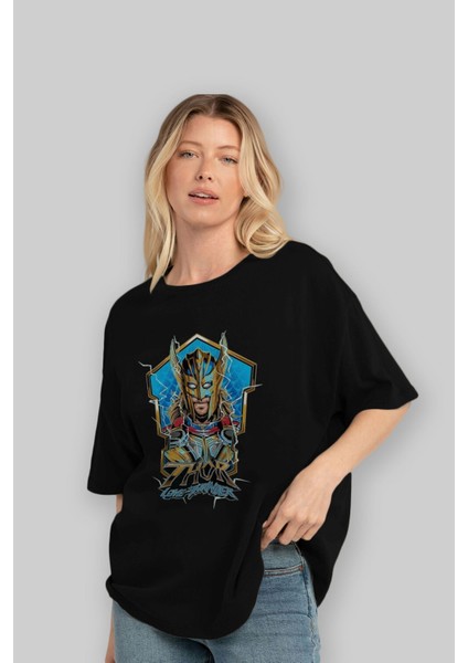 Thor Love And Thunder Ön Baskılı Siyah Oversize T-Shirt Bisiklet Yaka Erkek Kadın fırsatları