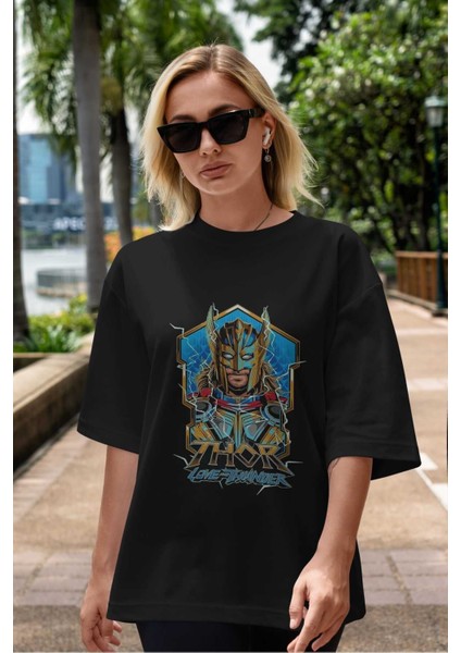 Thor Love And Thunder Ön Baskılı Siyah Oversize T-Shirt Bisiklet Yaka Erkek Kadın indirimleri