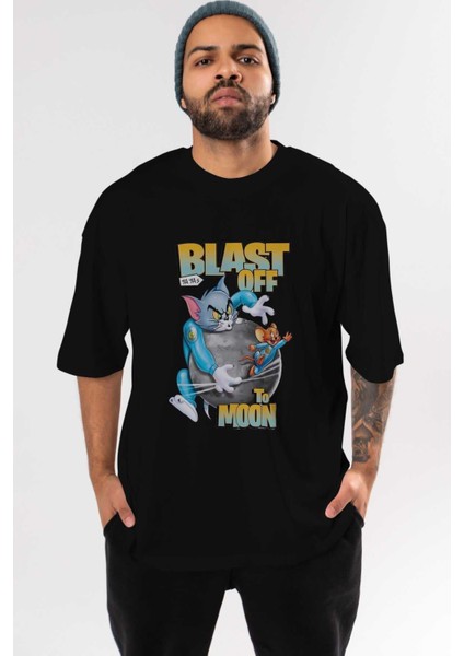 Tom ve Jerry Ön Baskılı Siyah Oversize T-Shirt Bisiklet Yaka Erkek Kadın