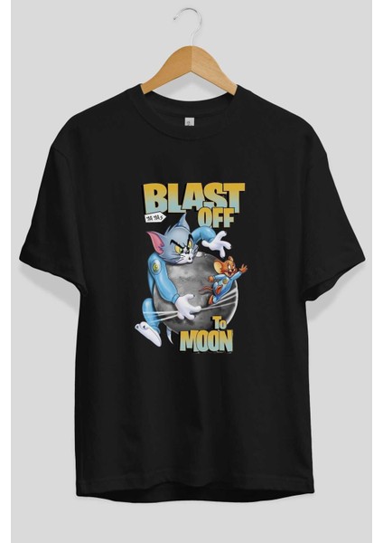 Tom ve Jerry Ön Baskılı Siyah Oversize T-Shirt Bisiklet Yaka Erkek Kadın fiyatları