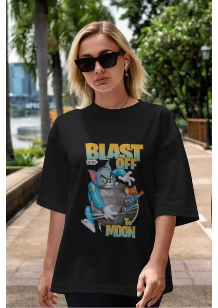 Tom ve Jerry Ön Baskılı Siyah Oversize T-Shirt Bisiklet Yaka Erkek Kadın indirimleri