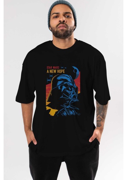 Star Wars Ön Baskılı Siyah Oversize T-Shirt Bisiklet Yaka Erkek Kadın